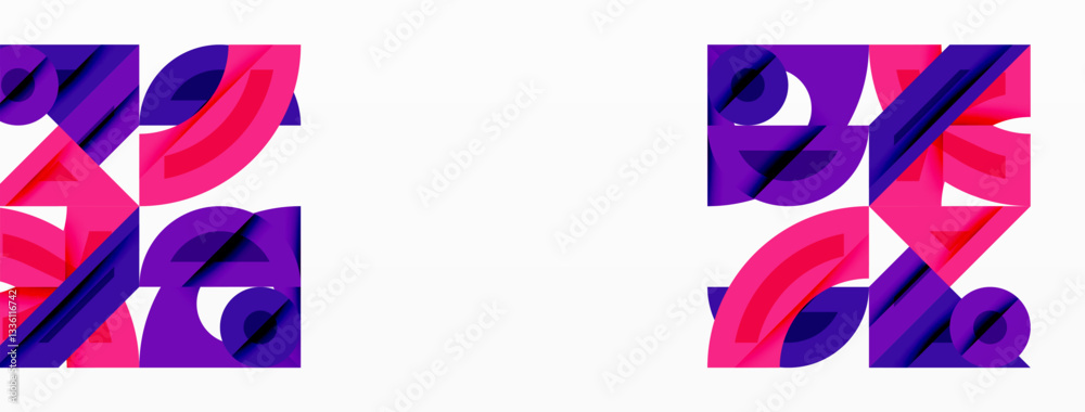 Poster Abstract geometric background with shapes, featuring circular and rounded elements. Bold contrast, smooth gradients, dynamic composition, futuristic style