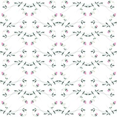 This seamless pattern features delicate pink flowers and intertwining green vines on a white background. The minimalist, elegant, and airy design evokes a vintage botanical style, perfect for textiles