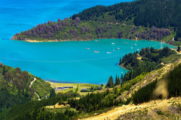 Fototapeta premium Turquoise Bay with Boats in Port Underwood, New Zealand