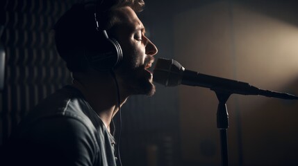 A passionate singer recording a song in a professional studio, showcasing his vocal talent and dedication to his craft.