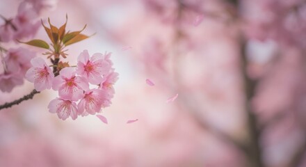 Obraz premium Delicate Pink Cherry Blossoms Falling Gracefully in Springtime
