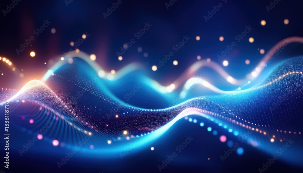 Aufkleber futuristic glowing blue wave with digital particles and bokeh light on dark background, abstract tec