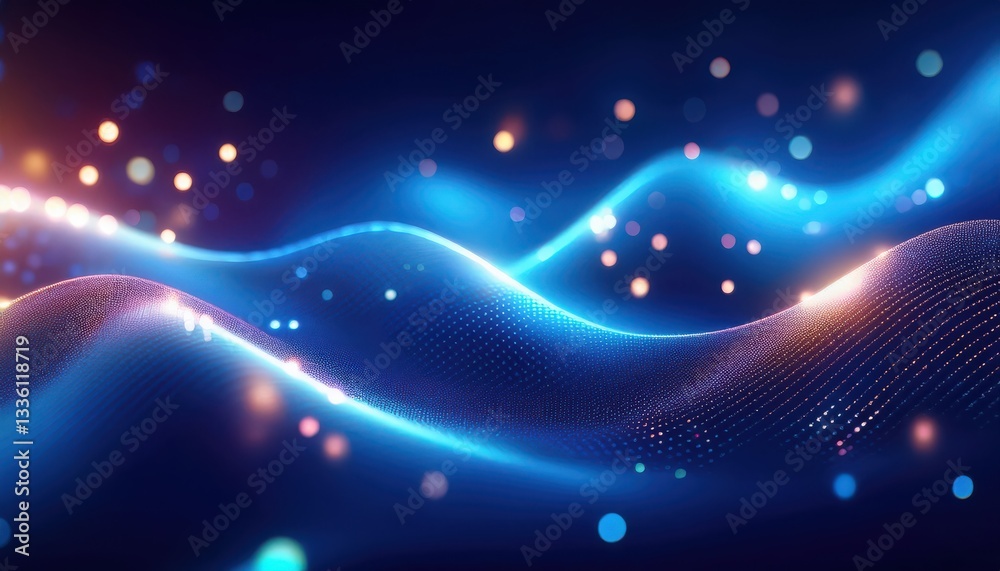 Poster futuristic glowing blue wave with digital particles and bokeh light on dark background, abstract tec