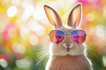 A cool bunny sporting sunglasses, set against a lively, bright, and cheerful background.