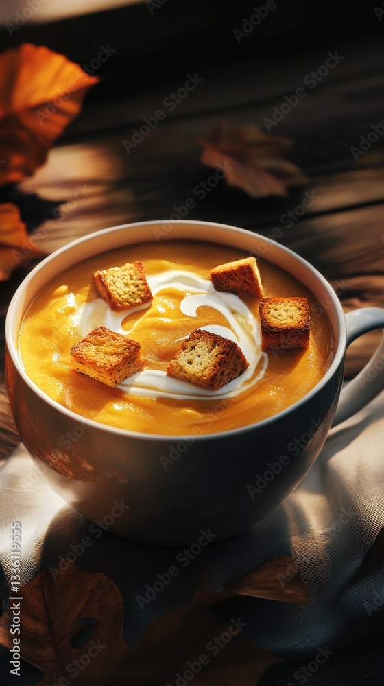 Poster close-up of a creamy soup bowl garnished with croutons on a rustic wooden table in a cozy autumn set