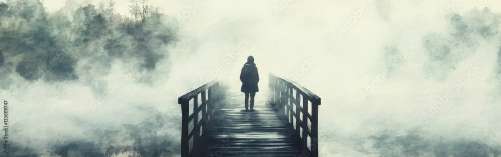 Poster portrait of a solitary figure standing on a bridge surrounded by mist and a quiet forest atmosphere 