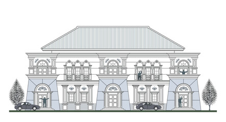 Facade of 2 storey symmetrical classical  building with 6 doors, 10 windows, 20 columns, frames, balustrade, canopy, balcony, curve elements and trapezoidal roof.