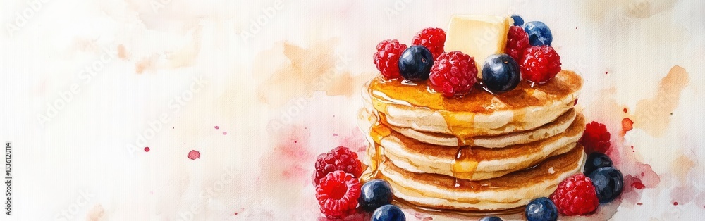 Poster delicious stack of fluffy pancakes topped with fresh berries and butter against a vibrant watercolor