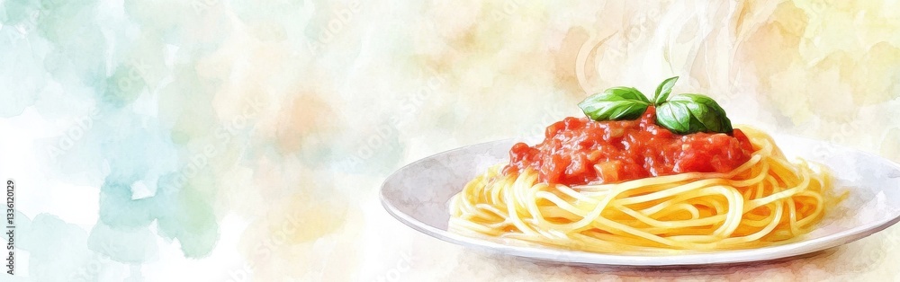Poster close-up of a delicious plate of spaghetti with rich tomato sauce and fresh basil on a soft watercol
