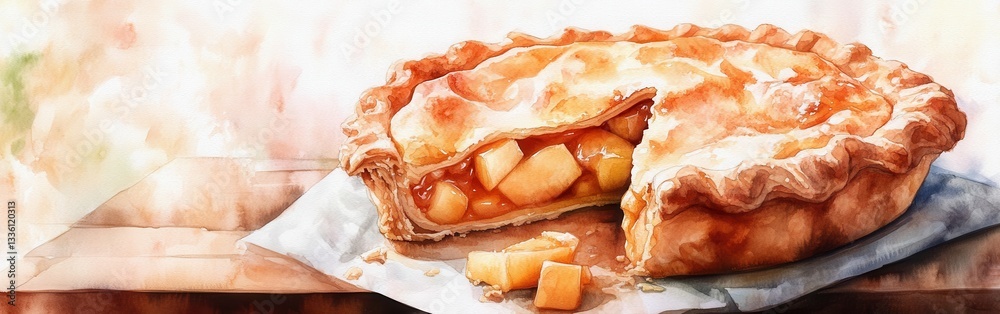 Aufkleber Delicious apple pie with a flaky crust and warm filling on a rustic table setting