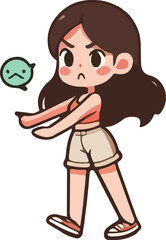 Cartoon woman character action, tired, emotions, running, walking, standing