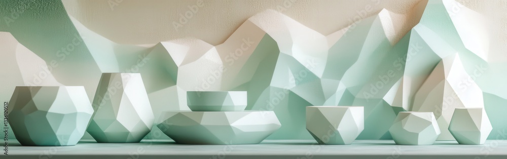 Poster Low-poly design showcases soft gradient vases against a minimalist background with gentle mountain-like shapes
