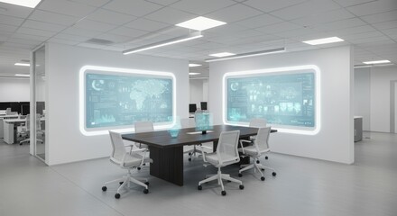 Naklejka premium Modern Futuristic Office Conference Room with Interactive Data Displays and Sleek Furniture