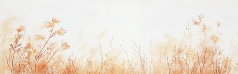 Obraz premium Soft pastel amber landscape featuring delicate wildflowers and gentle grasses under warm light