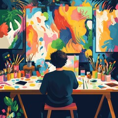 A man is sitting at a desk with a computer and a painting on the wall