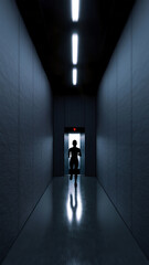 Dark corridor, elevator doors with red descending indicator; woman rushing into elevator, symbolizing escape, isolation, emotional distress, depression, and withdrawal from reality.