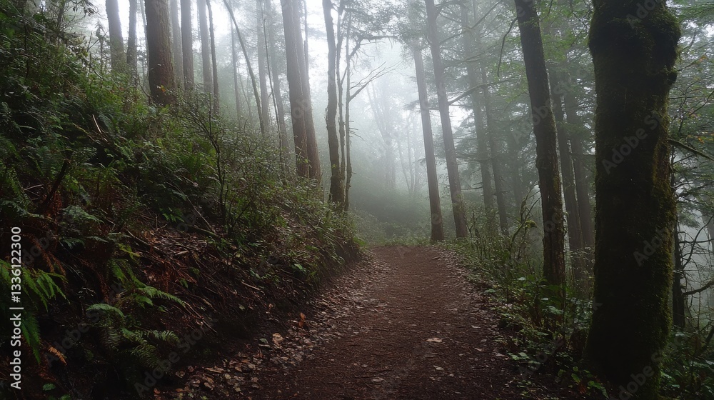 Aufkleber Sunlight filters through the fog in a serene forest path inviting exploration and tranquility