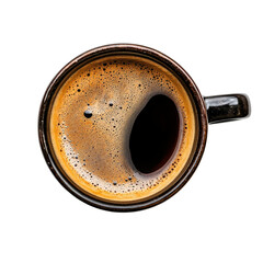 Close-Up View of Freshly Brewed Black Coffee in a Black Ceramic Mug on a White Background