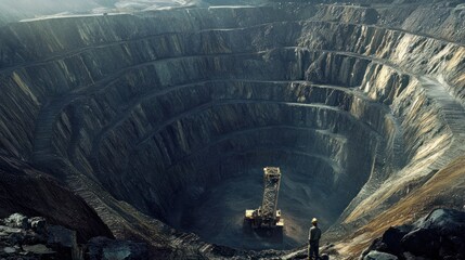 Spectacular open-pit mine with intricate terraced design and heavy machinery