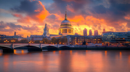 Fototapeta premium Sunset over St. Paul's Cathedral with vibrant clouds reflecting on the River Thames in London