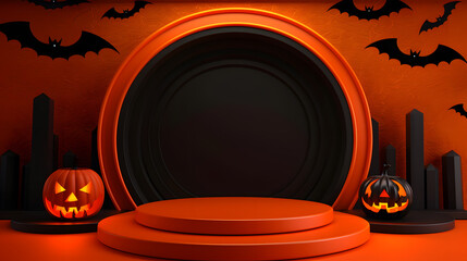 Spooky Stage: A festive Halloween-themed stage design with pumpkin decorations and bats silhouettes