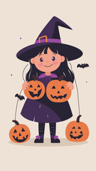 Little Girl in Witch Costume with Jack-o'-Lanterns Halloween Minimalist Vector Art