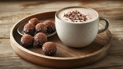 A cup of rich, steaming hot chocolate with a smooth frothy surface, accompanied by a plate of dark chocolate truffles dusted with cocoa powder