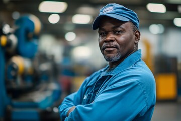 Portrait of a proud, african american hardworking factory worker, embodying dedication and confidence in a manufacturing setting. strength of blue-collar work ethic