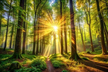 Fototapeta premium Sunbeams Through Forest Canopy