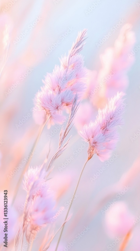 Poster soft pastel flowers with ethereal bokeh create a dreamy atmosphere in a serene garden setting during