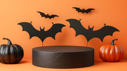 Spooky Halloween Stage: A festive scene featuring a round stage, pumpkins, and bat silhouettes against an orange background, capturing the essence of the holiday's eerie charm.