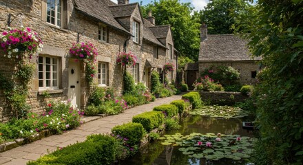 Naklejka premium Picturesque Cotswold Cottages with Blooming Flowers and Serene Pond: A Charming English Village Scene