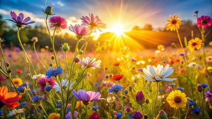 Vibrant Wildflower Meadow at Sunset