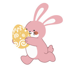 Cute little pink Easter bunny carrying an Easter egg design cartoon vector illustration isolated on white background. Cute smiling little rabbit with an pattern painted egg