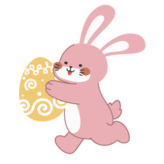 Cute little pink Easter bunny carrying an Easter egg design cartoon vector illustration isolated on white background. Cute smiling little rabbit with an pattern painted egg.