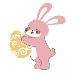 Cute little pink Easter bunny carrying an Easter egg design cartoon vector illustration isolated on white background. Cute smiling little rabbit with an pattern painted egg.
