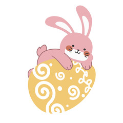 Cute little pink Easter bunny carrying and lying on an Easter egg design cartoon vector illustration isolated on white background. Cute smiling little rabbit with an pattern painted egg.