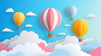 Fototapeta premium Colorful hot air balloons float above fluffy clouds, a summer sky backdrop