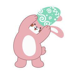 Cute little pink Easter bunny carrying an Easter egg design cartoon vector illustration isolated on white background. Cute smiling little rabbit with an pattern painted egg.