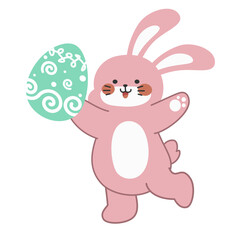 Cute little pink Easter bunny carrying an Easter egg design cartoon vector illustration isolated on white background. Cute smiling little rabbit with an pattern painted egg.