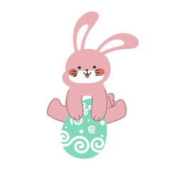 Cute little pink Easter bunny carrying an Easter egg design cartoon vector illustration isolated on white background. Cute smiling little rabbit with an pattern painted egg.