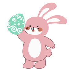 Cute little pink Easter bunny carrying an Easter egg design cartoon vector illustration isolated on white background. Cute smiling little rabbit with an pattern painted egg.