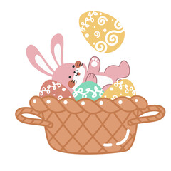 Cute little pink Easter bunny lying inside an Easter egg basket cartoon flat vector illustration isolated on white background. Cute smiling little rabbit with an pattern painted egg.