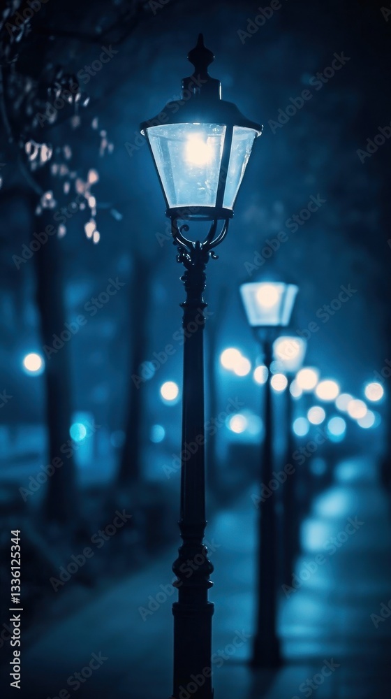 Poster bokeh lights in deep navy and metallic silver illuminate a tranquil night walkway lined with vintage