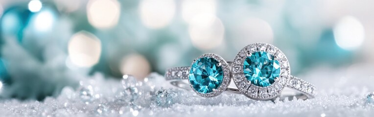 Sparkling turquoise and icy blue ring set against a snowy background in a dreamy winter wonderland