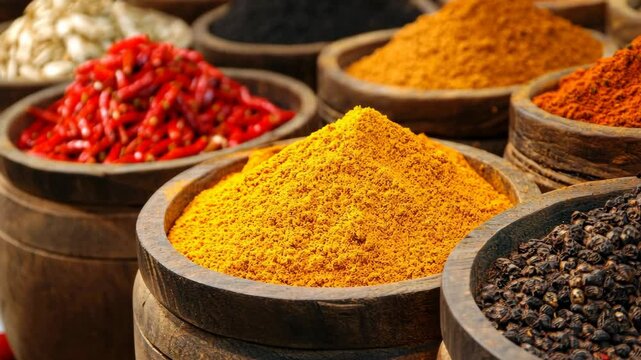 Colorful spices displayed in wooden containers at a bustling market in India during a vibrant midday