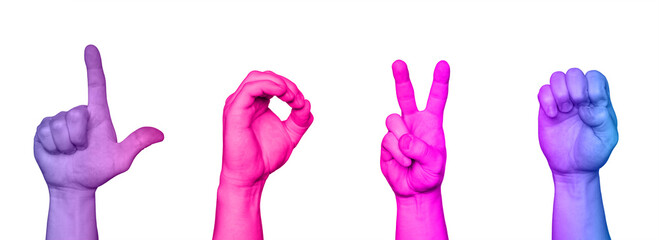 Artistic representation of love words in sign language, designed in vibrant space colors on a clean white background, symbolizing communication and emotion.