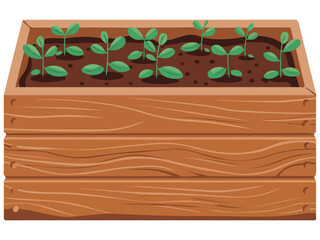 Wooden Crate with Soil and Seedlings Spring Greenhouse Concept in Cartoon Style