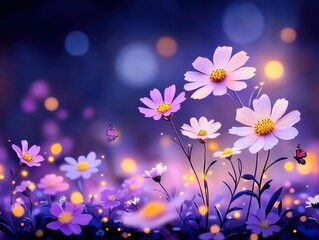 Vibrant flowers blooming in a mystical garden with glowing lights and butterflies