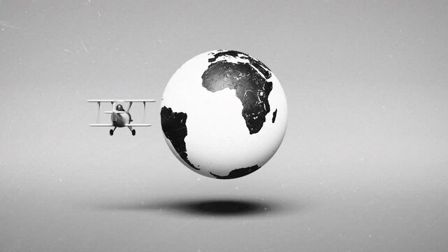 Cartoon biplane flying around Earth 3d vintage style animation